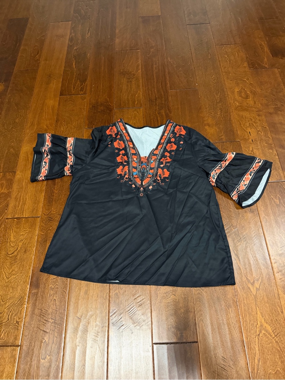 SHEIN Black V-Neck Tunic with Orange Embroidery